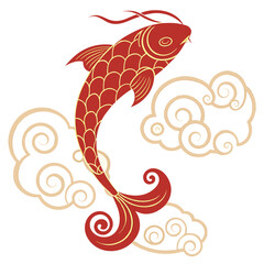 Red fish swimming among stylized clouds carp