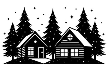 Naklejka premium Wooden cabin glowing with warm lights in snowy forest, pine trees covered with snow, starry night sky, cozy winter vector illustration
