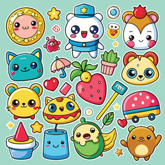 A vibrant collection of cute kawaii cartoon stickers featuring various animals, objects, and whimsical characters on a light blue background.