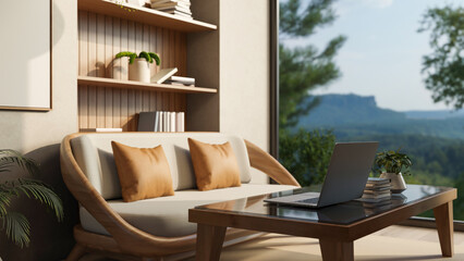 Laptop and books on glass top table and wooden sofa aside window wall with outside nature scenery.