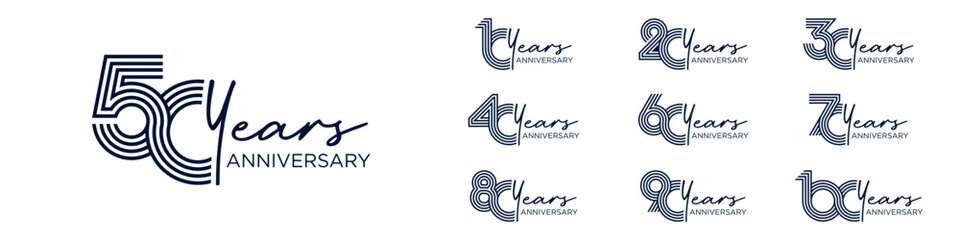 collection anniversary 10 to 100 year logo designs. abstract number for celebration event, wedding, greeting card, and invitation, vector illustration