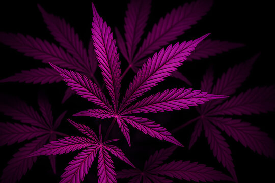 Fototapeta Purple cannabis leaves arranged against dark background, vibrant botanical foliage illuminated with vivid color glow creating artistic natural pattern, modern plant concept showcasing alternative herb