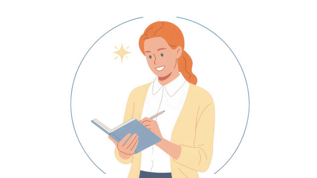 Woman Writing in Notebook with Smiling Face and Sparkles Symbolizing Creativity and Inspiration for Educational Content