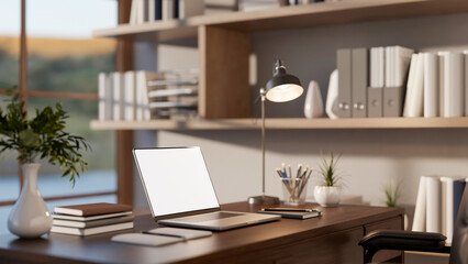 Blank screen laptop with book and stationary aside reading lamp on wooden table and leather armchair