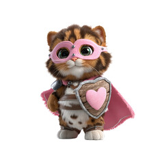 Fototapeta premium Adorable Kitten Superhero with Heart Shield - Valentine's Day, Cartoon Character