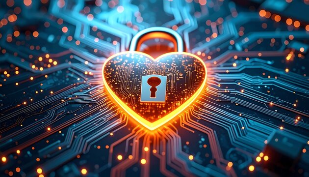 A glowing heart-shaped lock superimposed on a circuit board with digital lines and lights, representing data security and protection