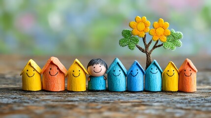 Fototapeta premium Colorful miniature wooden houses with smiling faces and tiny figure arranged in row with decorative tree, creating cheerful neighborhood scene on rustic surface.