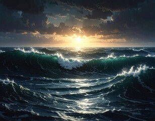 A dramatic seascape at sunset, featuring powerful waves crashing against the horizon.