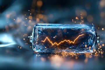 Glowing orange energy line trapped inside glass bottle with magical blue aura and sparkling particles on dark background, power concept visualization.