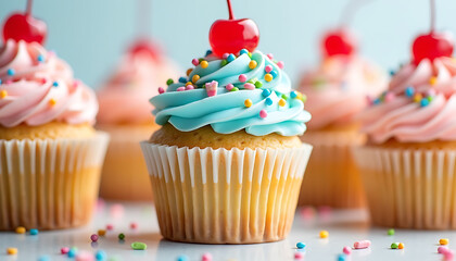 Sweetest Bites: An eye-level perspective presents a tantalizing array of artfully decorated cupcakes, each crowned with a vibrant cherry, beckoning the viewer's sweet tooth.