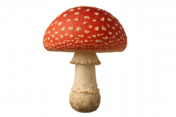 Studio shot of a fly agaric mushroom, highlighting its vibrant red cap with distinctive white spots, isolated on a transparent background