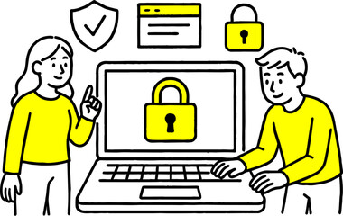 Cyber security concept with people situation in flat web design.  scene of password access, protect personal data. Vector illustrations for social media banner, marketing material