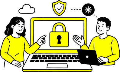 Cyber security concept with people situation in flat web design.  scene of password access, protect personal data. Vector illustrations for social media banner, marketing material