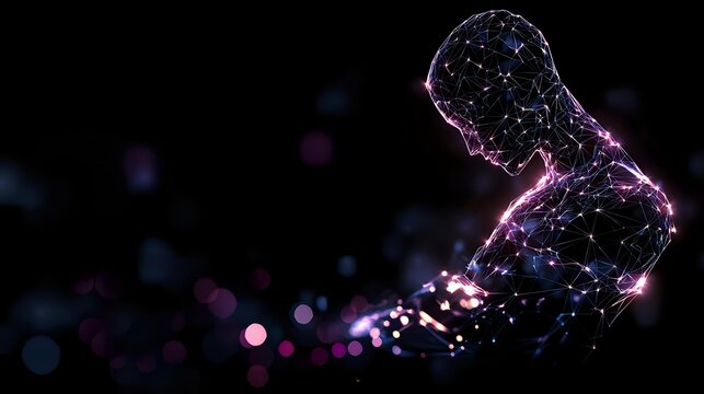 Glowing digital wireframe silhouette of male figure with constellation effect against dark background, illuminated by purple and pink light particles.