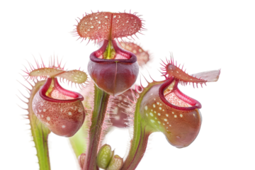 Cluster of carnivorous pitcher plants blooming with pink flower