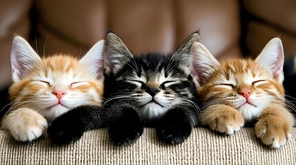 Three adorable sleepy kittens lined up in a row - ginger and black cats resting with closed eyes and content expressions on textured fabric surface.