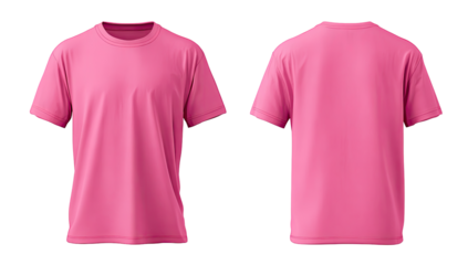 Front and back view of a vibrant hot pink t-shirt, showcasing a crew neck and short sleeves.  A digital rendering, likely for design mockups