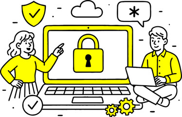 Cyber security concept with people situation in flat web design.  scene of password access, protect personal data. Vector illustrations for social media banner, marketing material