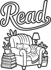 Obraz premium Sleeping cat on armchair with books and lamp illustration vector