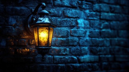 Old lantern glows on dark stone wall