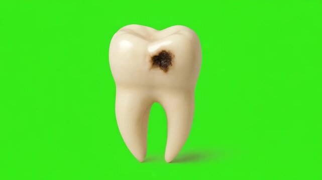 A single white molar tooth with a small dark cavity on a bright neon-green background.