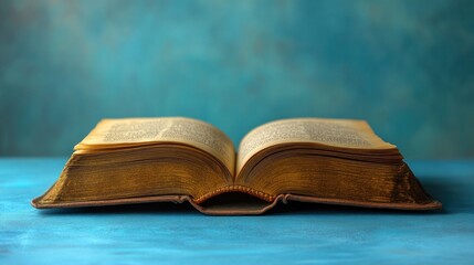 Open antique book on teal surface