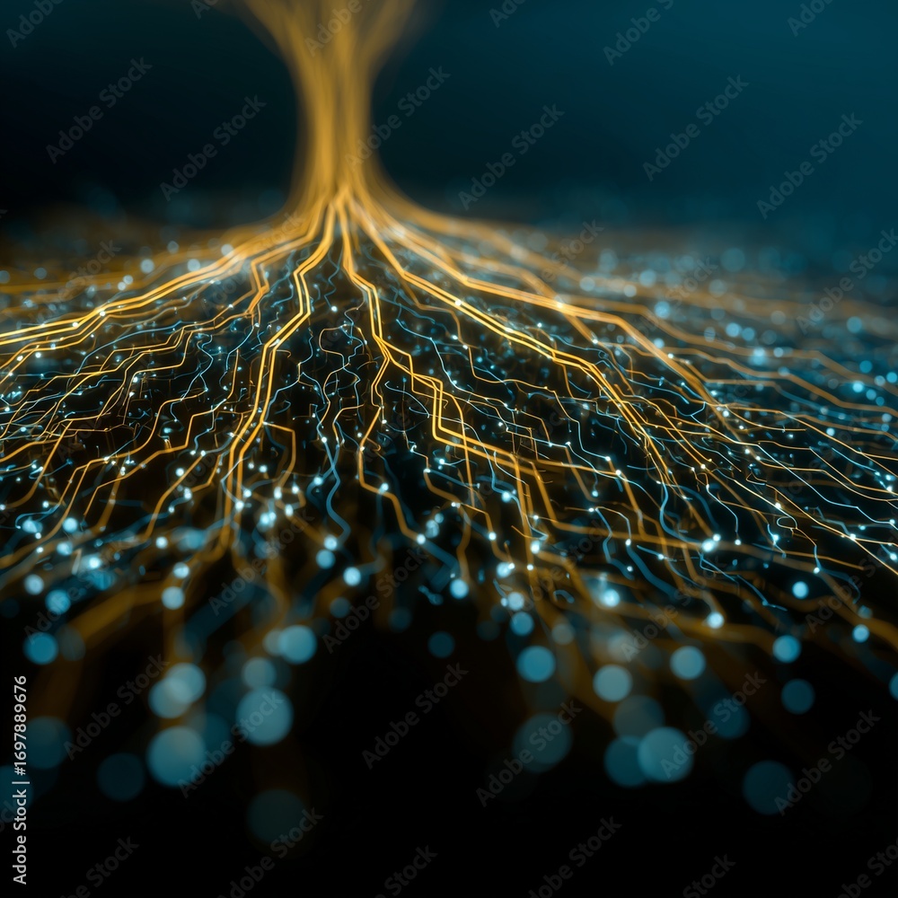 Poster digital neural pathways: illuminated digital pathways converge, resembling a network of interconnect