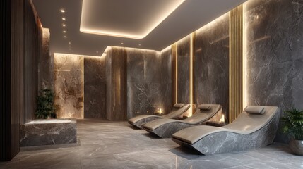 Luxurious modern spa interior with elegant lounge chairs and ambient lighting