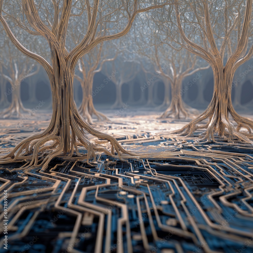 Aufkleber digital forest: a surreal composition of a digital forest merges organic tree structures with a circ