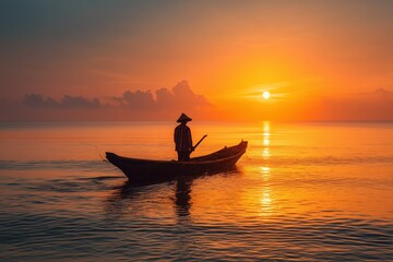 Obraz premium Fisherman in boat at sunset over calm water