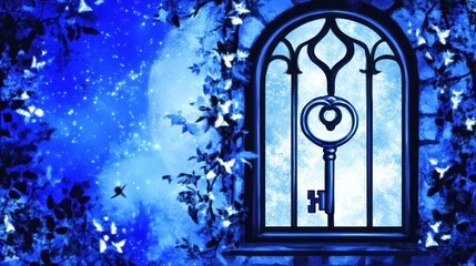 Enchanting Blue Night: Antique Key in Window, Starry Sky, Dreamy Atmosphere.