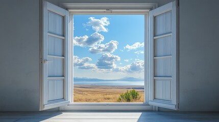 Open window reveals vast landscape