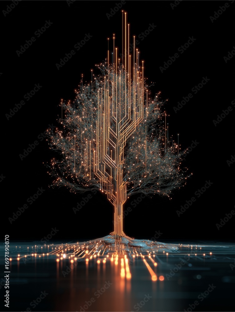 Poster digital tree: a conceptual image of a tree, crafted from digital circuitry, its branches and roots i