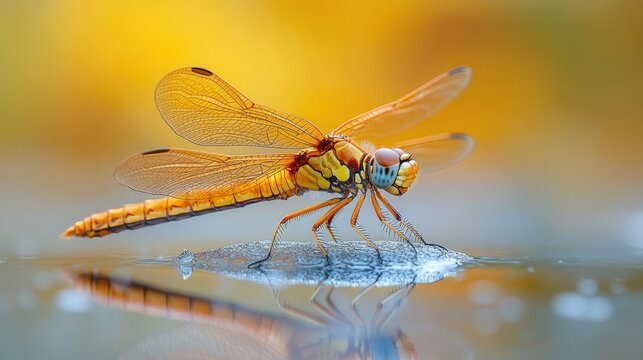 Orange dragonfly resting on water's surface - Powered by Adobe