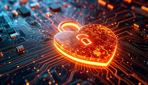 A glowing, heart-shaped padlock superimposed on an intricate circuit board, symbolizing data security