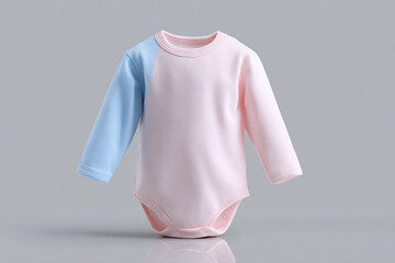 Baby Onesie: Pastel pink body suit with a light blue sleeve, designed for comfort and ease of movement for infants and toddlers.