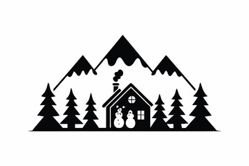 Obraz premium Winter mountain village with snowy peaks, pine trees, and a cozy cabin with smoke, children building a snowman, vector illustration