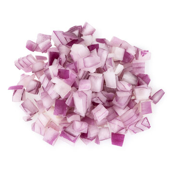 Top view of pile of red or purple onion diced isolated on white background