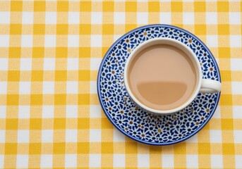 Creamy coffee cup on yellow checkered tablecloth