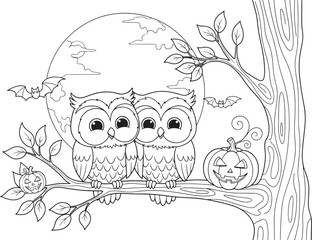Two cute owls and pumpkins on a tree branch with bats and moon animal bird