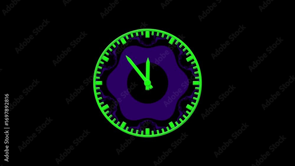 Aufkleber futuristic clock with glowing hour and minute counting for this video, fractal circle with black bac