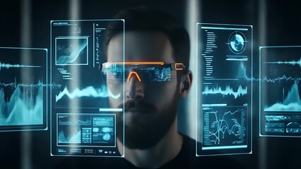 A man interacts with futuristic holographic data visualization using augmented reality smart glasses in a dark environment - Powered by Adobe