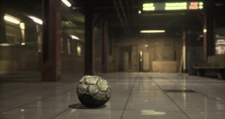 A worn soccer ball lies on the tiled floor of an empty subway station during twilight. Dim overhead lights cast shadows, enhancing the eerie atmosphere of the scene.