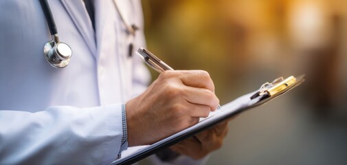 The doctor writing patient notes on a clipboard with stethoscope in warm light