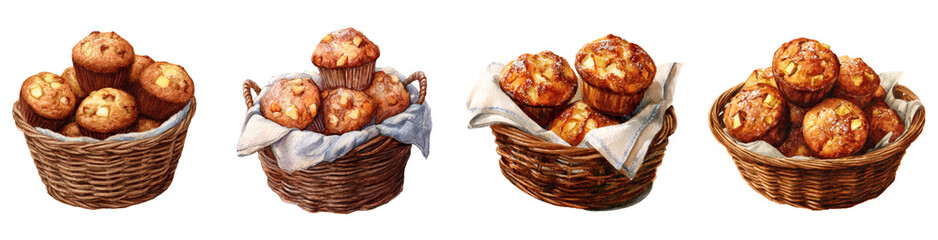 Delicious baked apple muffins in rustic woven baskets, watercolor illustration, perfect for bakery promotions and food blogs. PNG set Transparent backround
