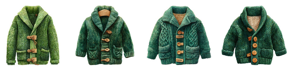 Cozy Green Knitted Cardigan Assortment with Wooden Buttons, Digital Watercolor Texture, PNG set Transparent background