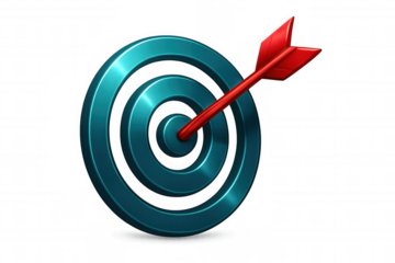 Red arrow piercing metallic blue target bullseye, representing precise business strategy, marketing precision, goal achievement against transparent backdrop