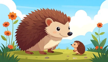 Cartoon hedgehogs in a garden setting