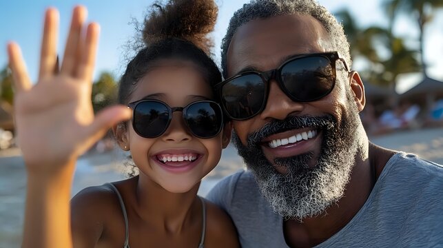 Cheerful African American father and daughter wearing sunglasses outdoors on sunny day, sharing happy moment together while smiling and waving at camera.