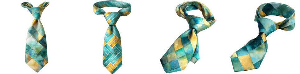 Artistic Watercolor Tie Collection: Teal, Gold Geometric Patterns PNG set Transparent background